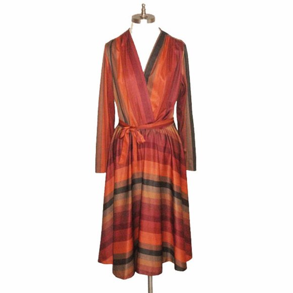 Vtg 1970's Dress Dresses & Skirts - Vtg 70s Earth Tone Striped Surplice Belted Dress M
